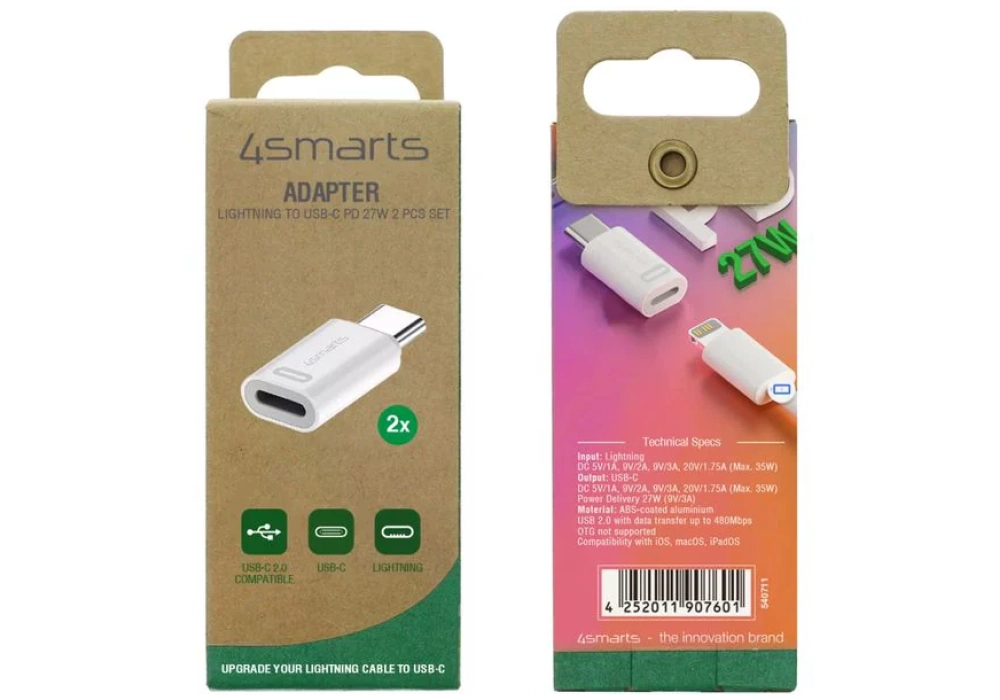 4smarts Adaptateur Lightning vers USB-C PD 27W Set de 2 pièces