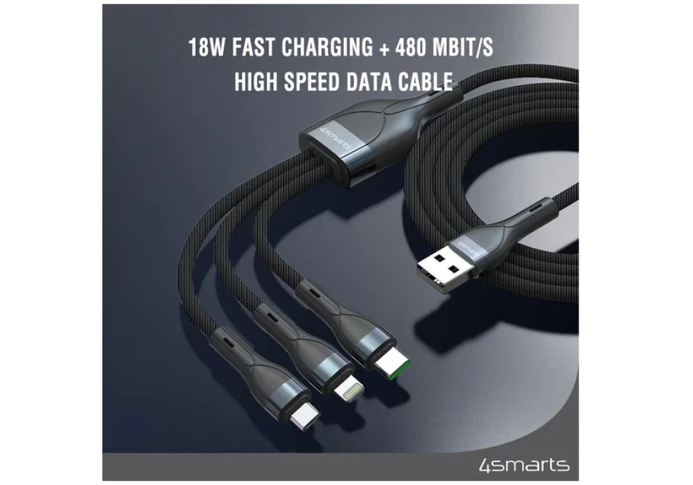 4smarts Câble USB 2.0 USB A - Lightning/Micro-USB B/USB C 1.5 m