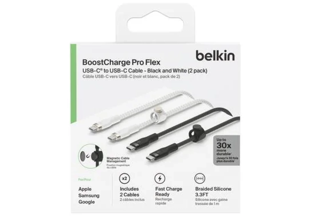 Belkin Câble chargeur USB C - USB C 1 m, tressé, blanc/noir, pack de deux