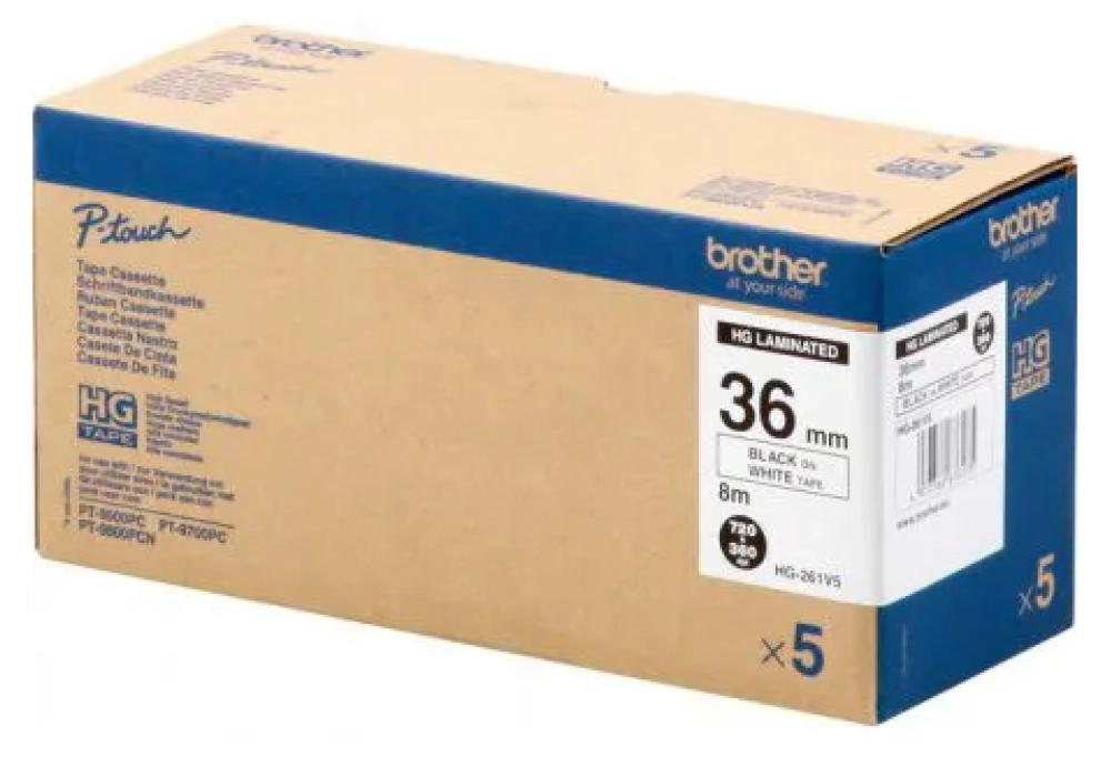 Brother HGE-261V5 Black on White High Grade Label Tape