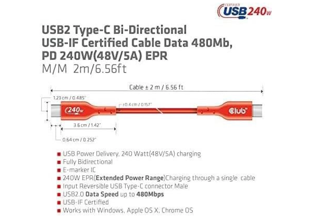 Club 3D Câble USB type-C bidirectionnel - 2m