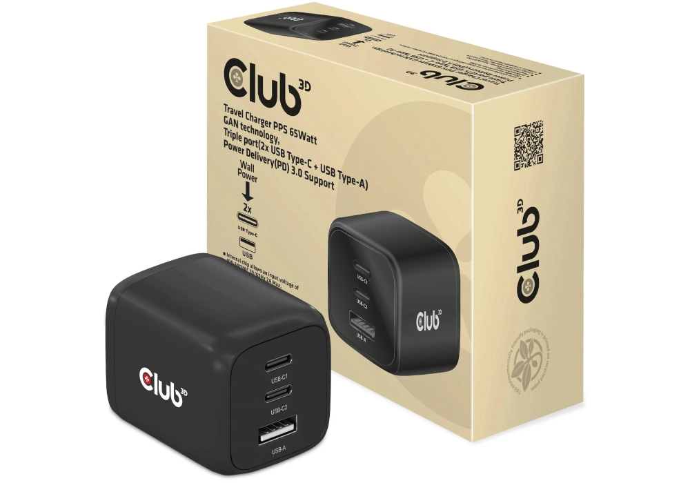 Club 3D Chargeur mural USB PPS 65W Technologie GAN CAC-1913