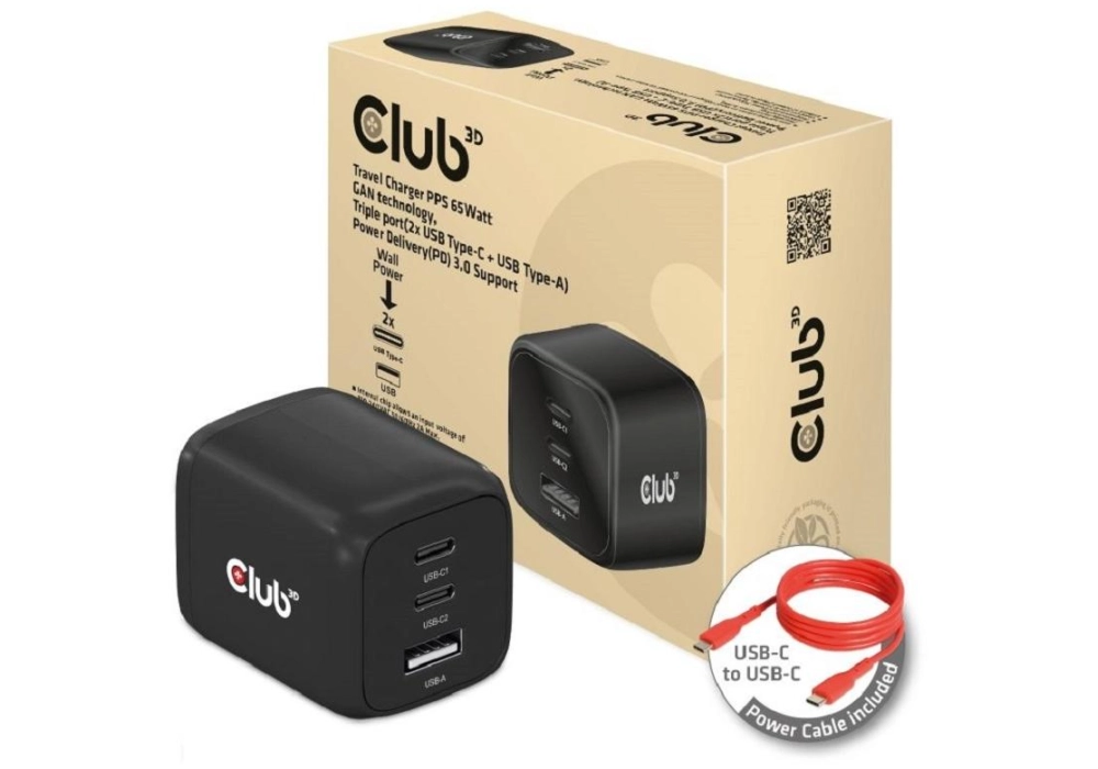 Club 3D Chargeur mural USB PPS 65W Technologie GAN CAC-1913