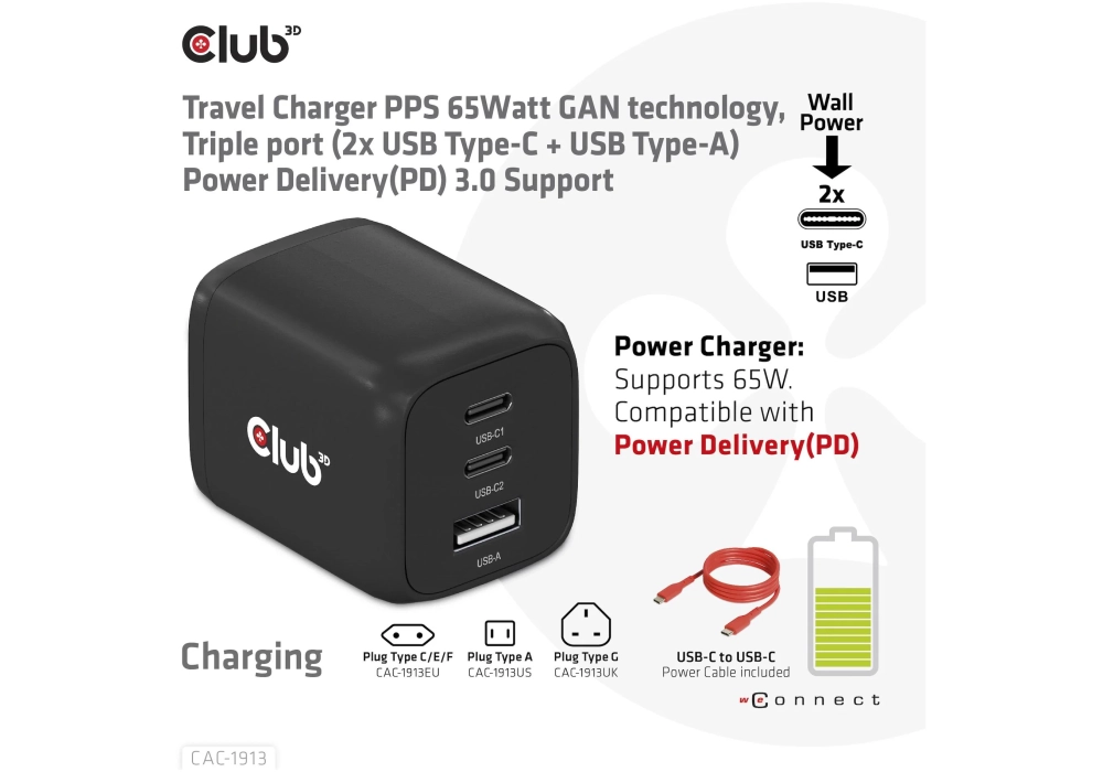 Club 3D Chargeur mural USB PPS 65W Technologie GAN CAC-1913