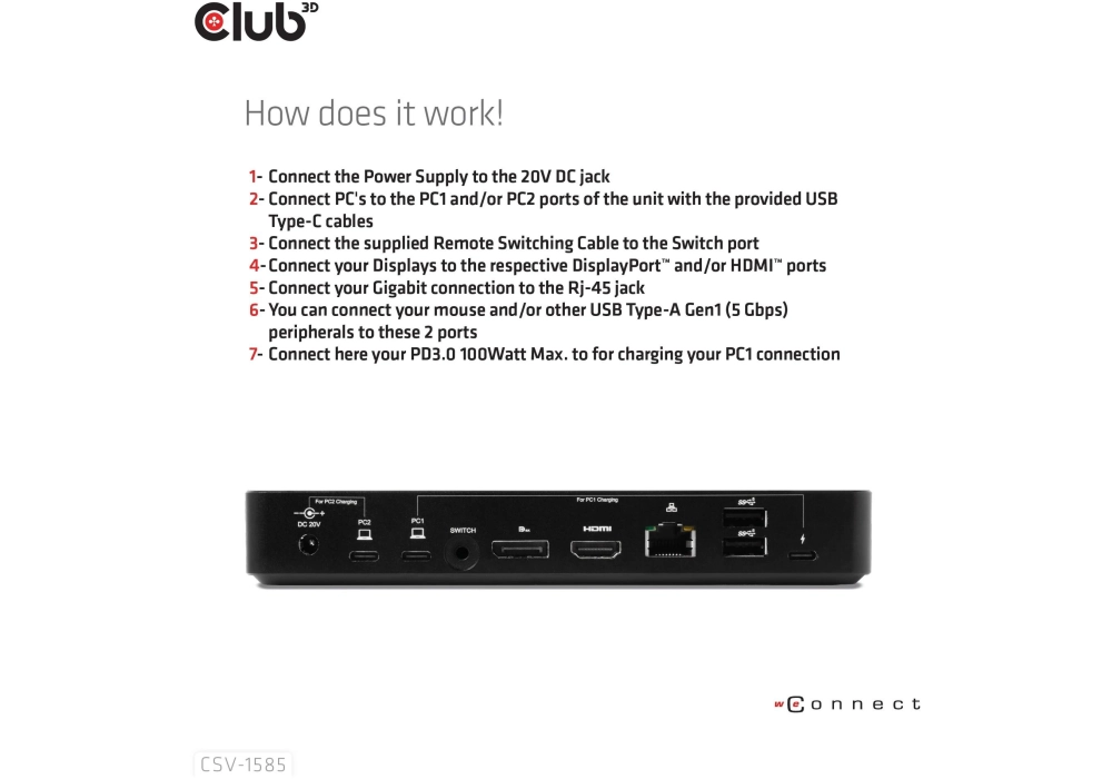 Club 3D Station d'accueil CSV-1585 DisplayPort/HDMI KVM