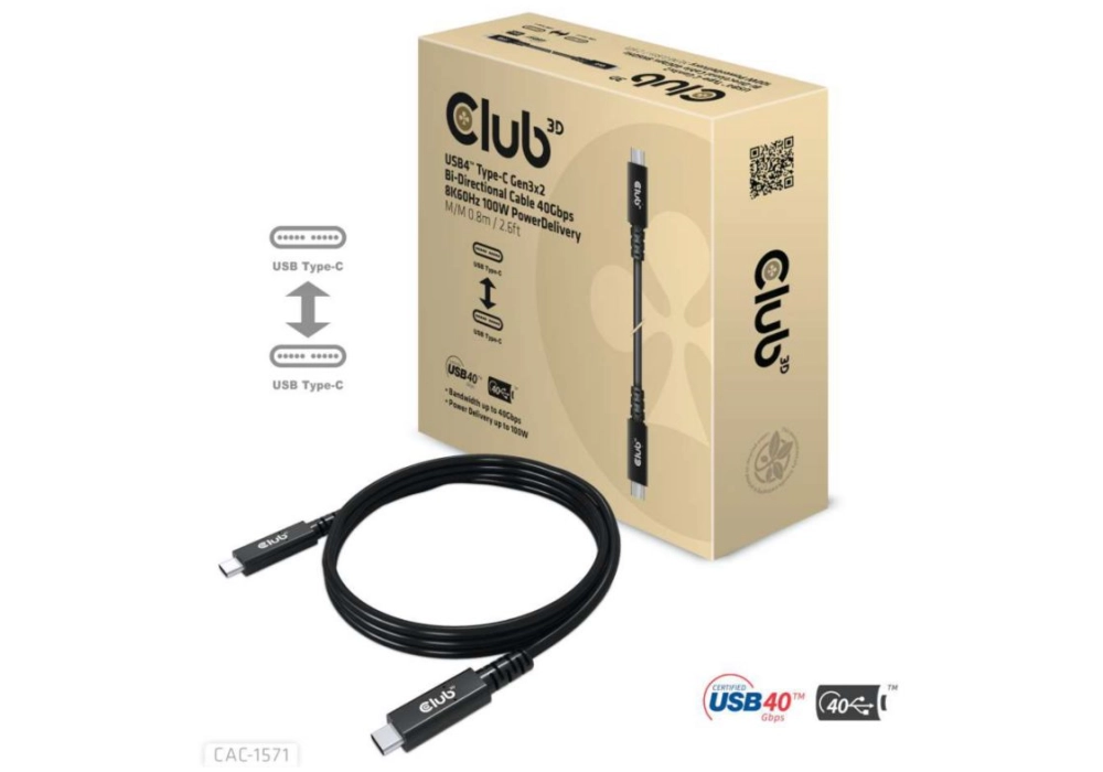 Club 3D USB4 Type-C Gen3x2 (40Gbps - 8K60Hz) - 0.8 m