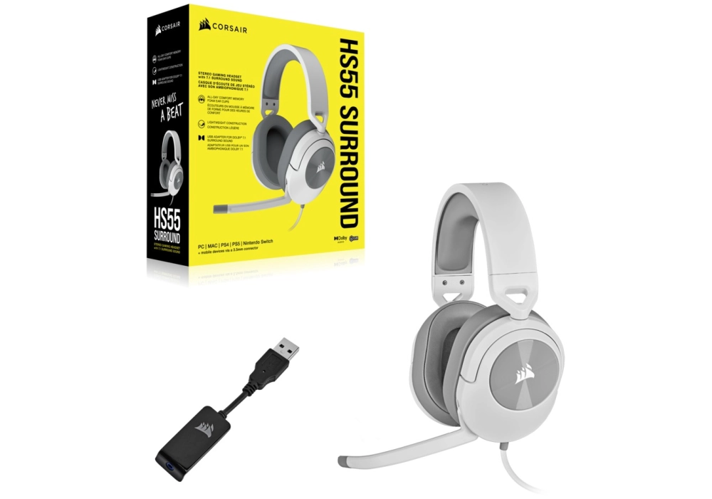 Corsair HS55 SURROUND Wired Gaming Headset (Blanc)