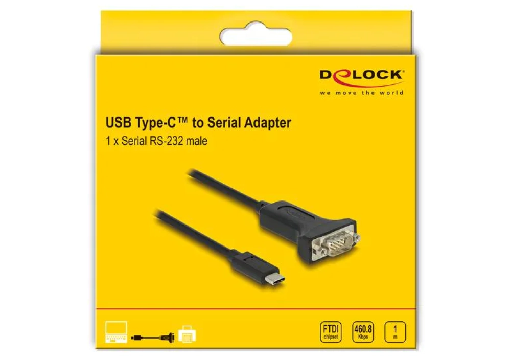 Delock Adaptateur sériel USB-C – RS-232 D-Sub 9 broches avec écrous - 1.0 m