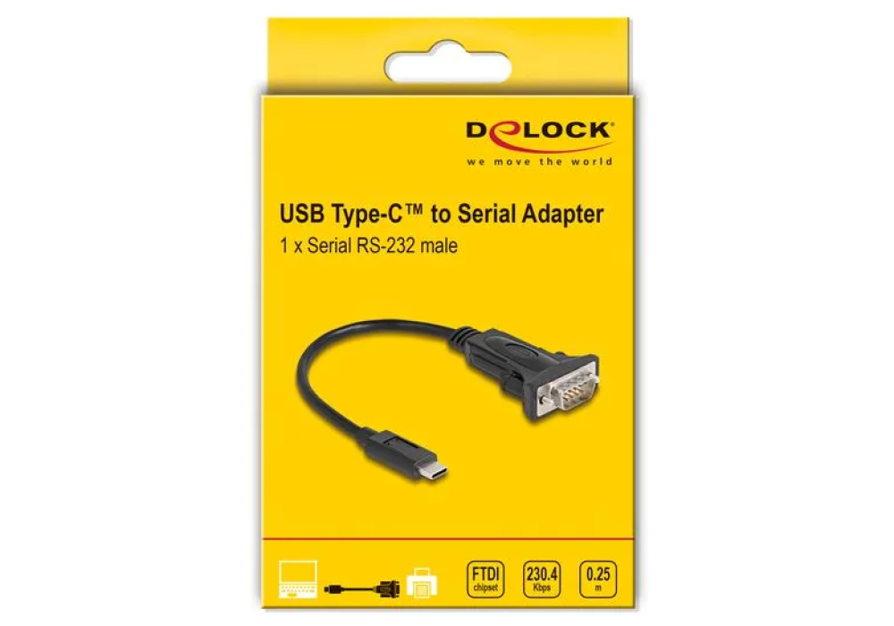 Delock Adaptateur sériel USB-C – RS-232 D-Sub 9 broches avec vis 0.25m