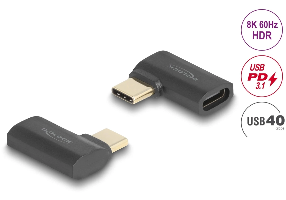 Delock Adaptateur USB 8K 60 Hz, PD3.1, Prise USB C - USB C coudé