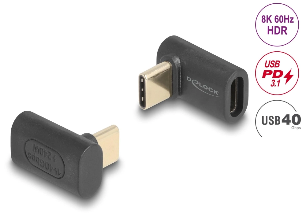 Delock Adaptateur USB 8K 60 Hz, PD3.1, Prise USB C - USB C coudé haut