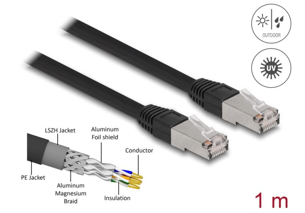 DeLOCK Câble RJ45 Cat 6A, S/FTP, Gaine PE d'extérieur - 1.0 m