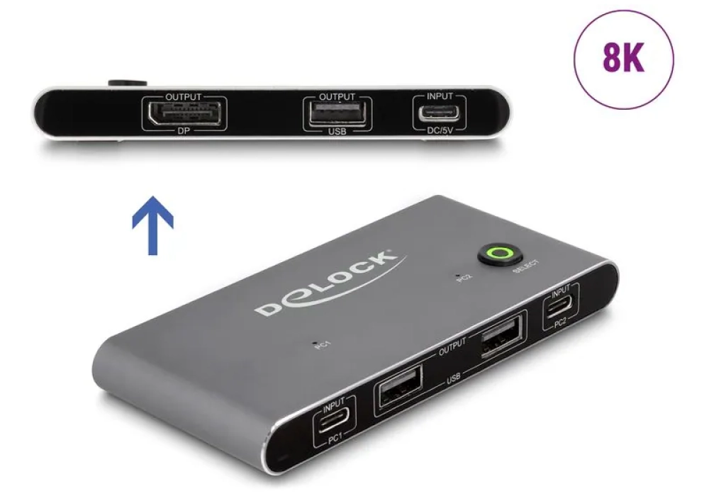 Delock Commutateur KVM USB-C vers DisplayPort 8K 30 Hz avec USB 2.0