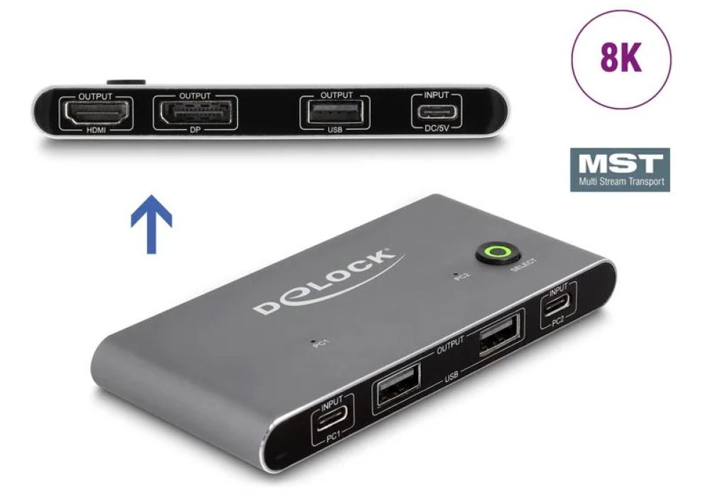 Delock Commutateur KVM USB-C vers HDMI et DisplayPort 8K MST avec USB 2.0