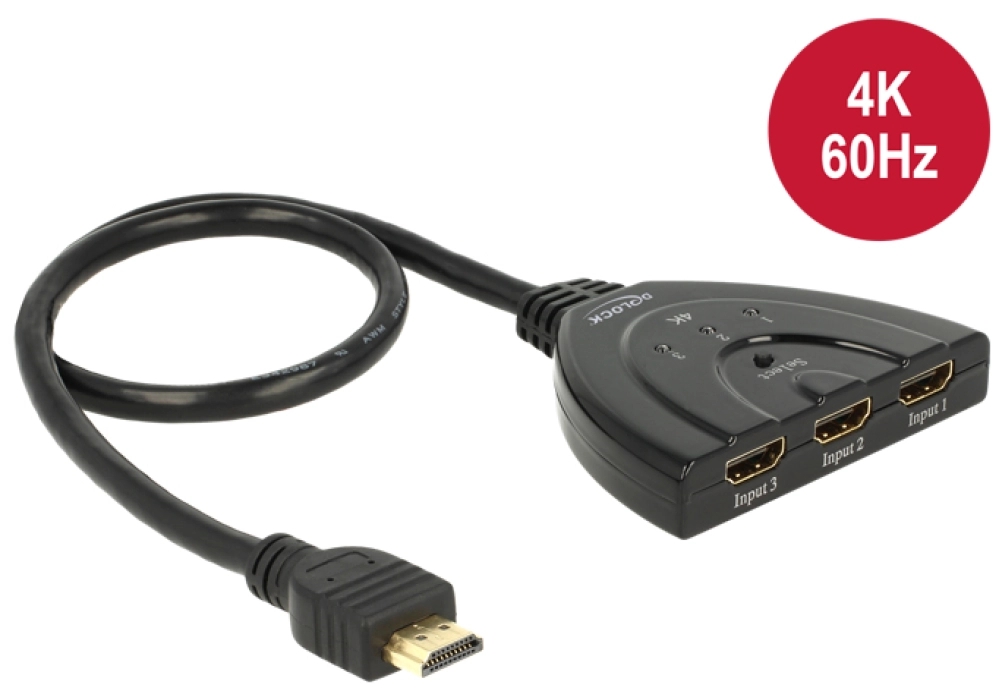 DeLOCK Distributeur 3 Port HDMI Switch 4K/60Hz avec câble 50 cm