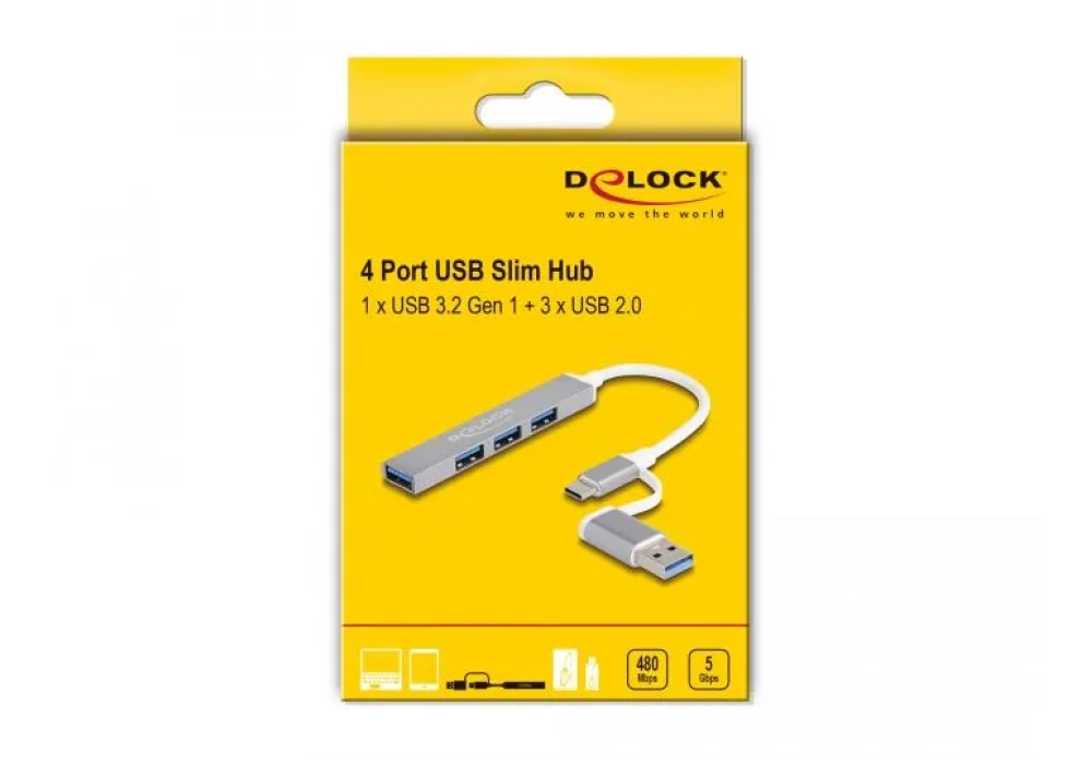 Delock Hub slim USB-C+A vers 4x USB-A