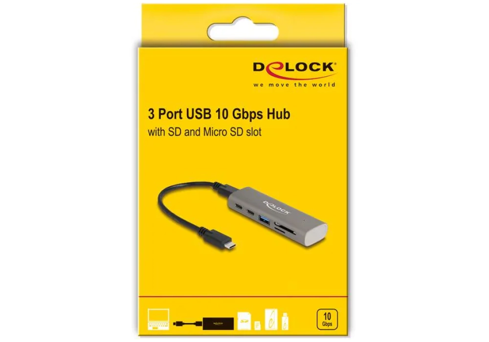 Delock Hub USB 2x 10 Gbps USB-C et 1x USB-A + lecteur de carte SD