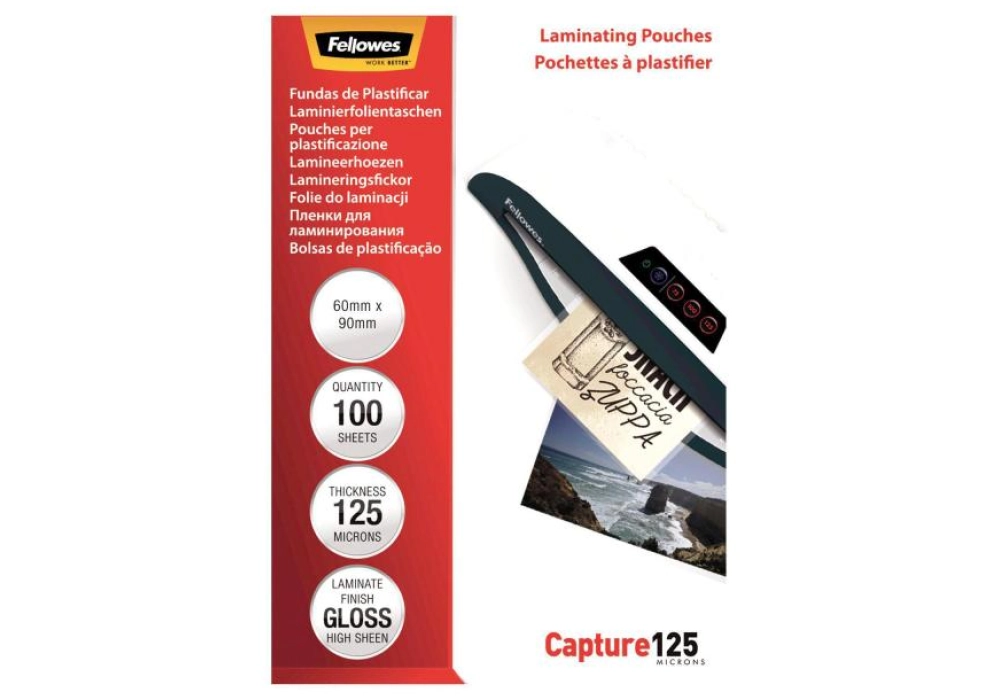 Fellowes Film laminé brillant - 60 x 90 mm - 125 µm - 100x