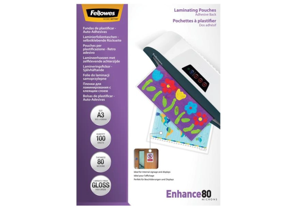 Fellowes Film laminé brillant adhésif - A3 - 80 µm - 100x