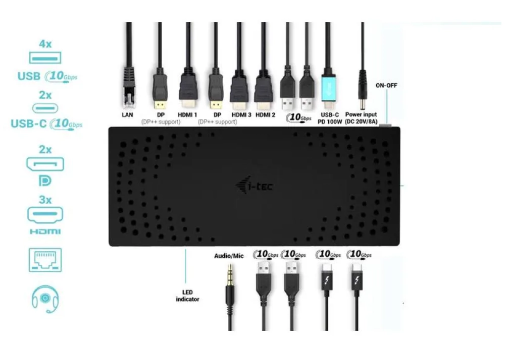 i-tec Station d'accueil USB 3.0, USB-C, HDMI, DP Dual PD 100W