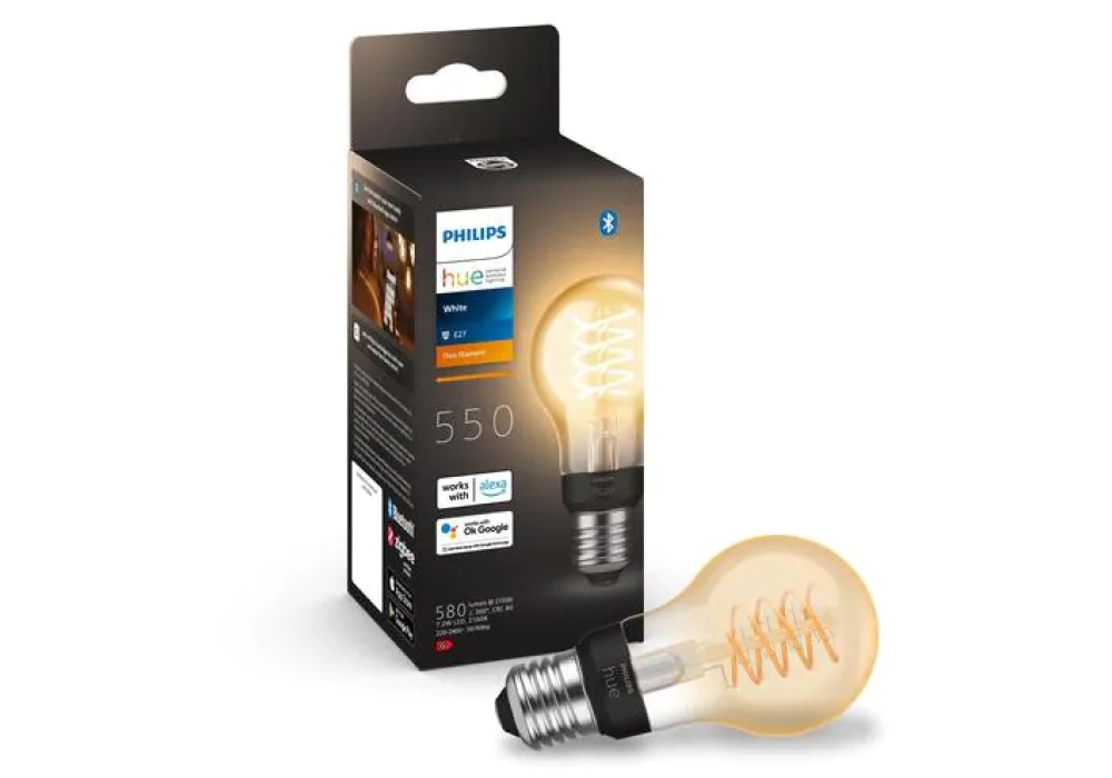 Philips Hue Ampoule Blanc Filament, 7 W, E27, 550 lm, Bluetooth