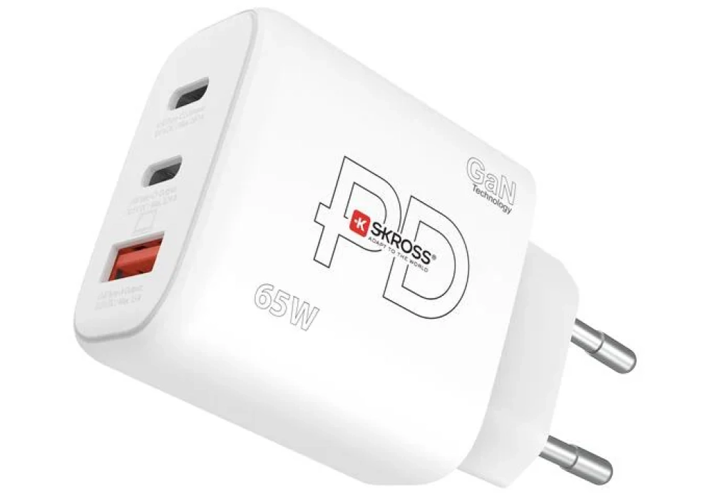 SKROSS Chargeur mural USB GaN EU, 2x USB-C, 1x USB-A, 65 W, blanc