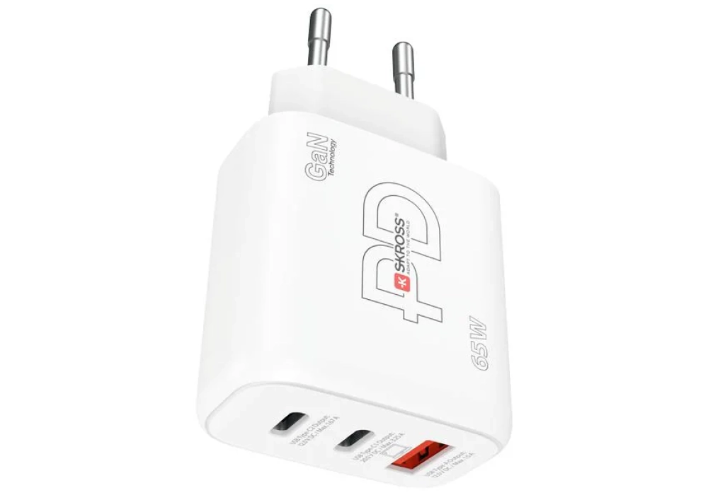 SKROSS Chargeur mural USB GaN EU, 2x USB-C, 1x USB-A, 65 W, blanc