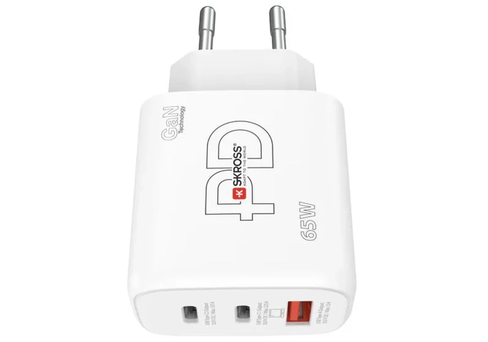 SKROSS Chargeur mural USB GaN EU, 2x USB-C, 1x USB-A, 65 W, blanc