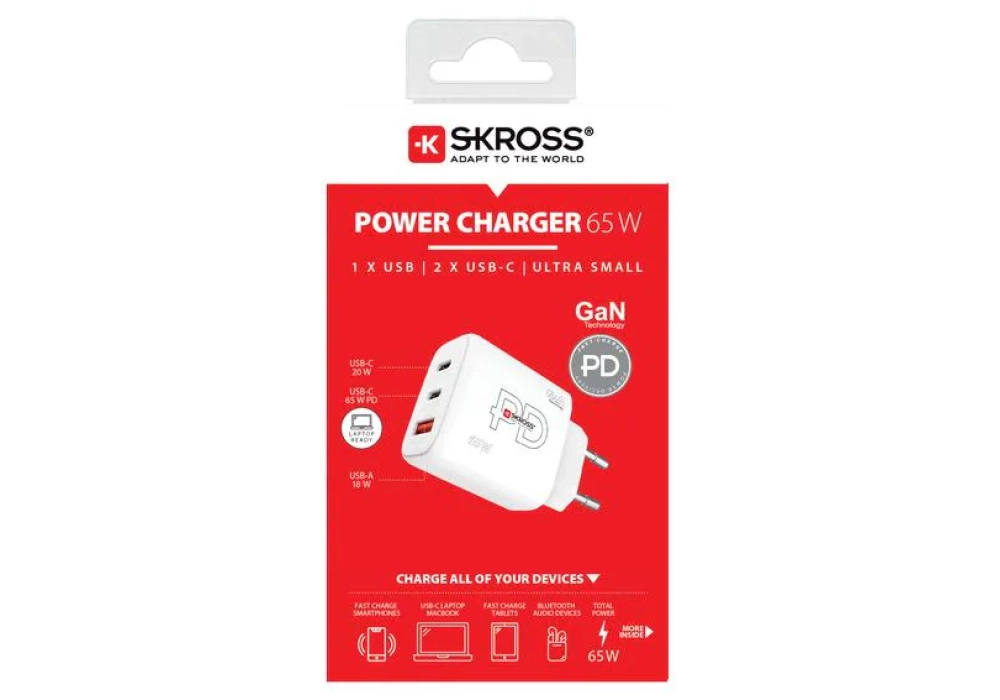 SKROSS Chargeur mural USB GaN EU, 2x USB-C, 1x USB-A, 65 W, blanc