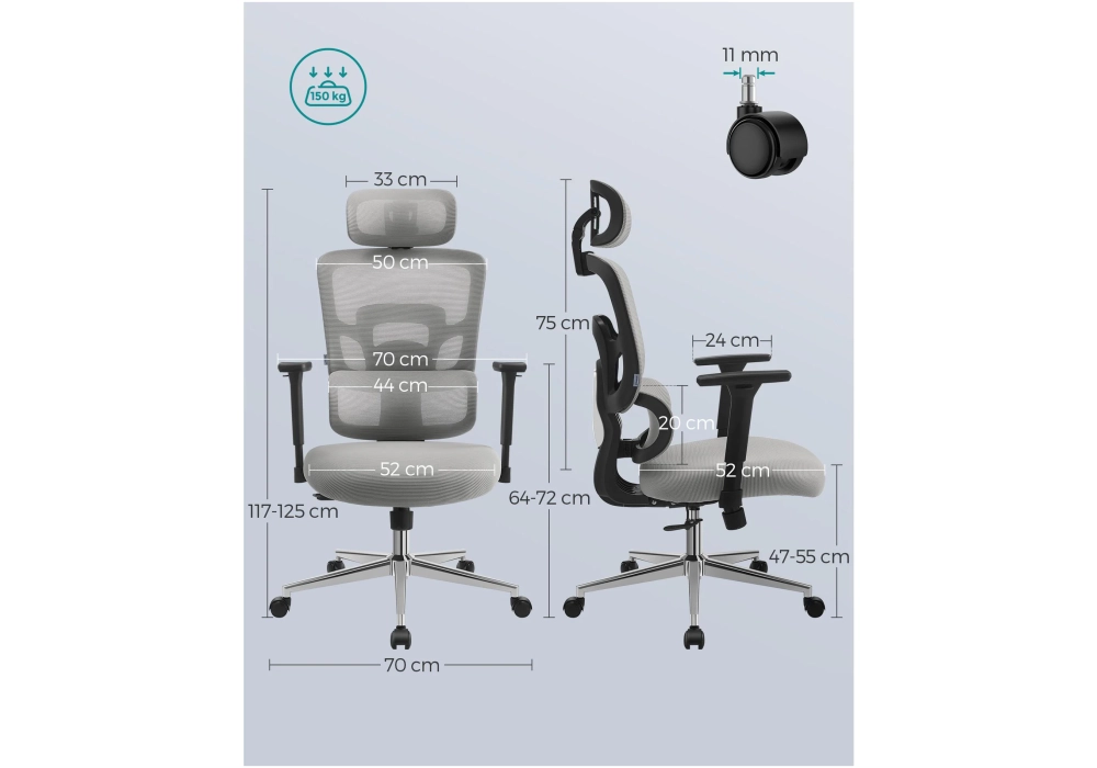 Songmics Chaise de bureau avec appui-tête et accoudoirs, Gris