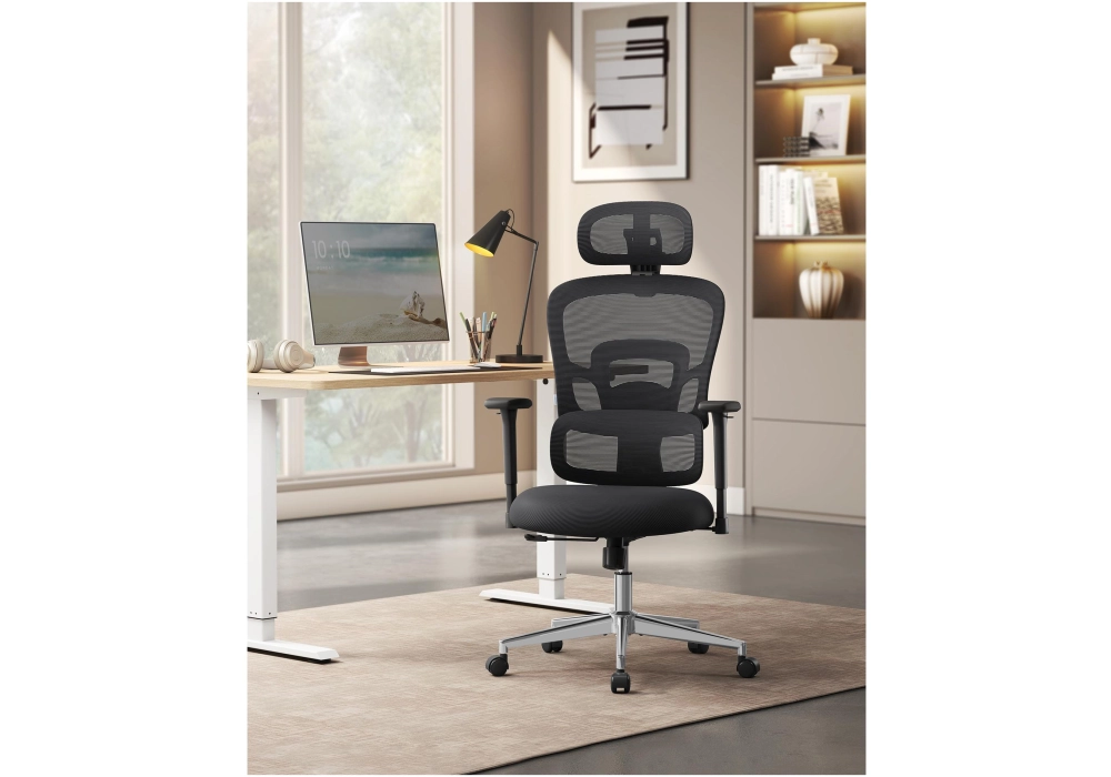 Songmics Chaise de bureau avec appui-tête et accoudoirs, Noir