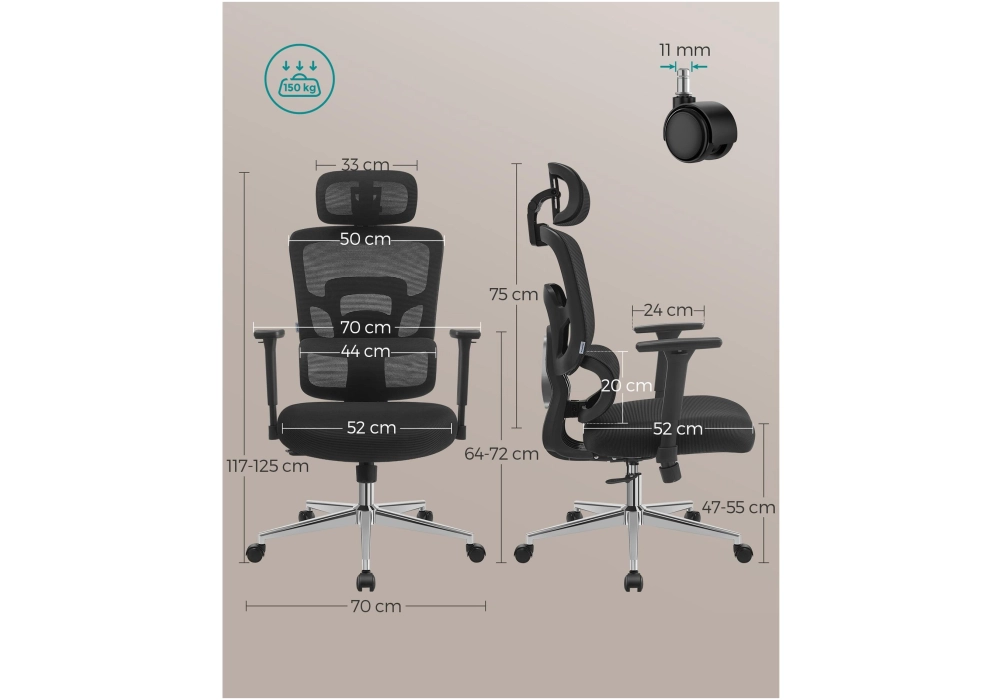 Songmics Chaise de bureau avec appui-tête et accoudoirs, Noir