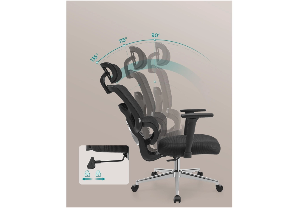 Songmics Chaise de bureau avec appui-tête et accoudoirs, Noir