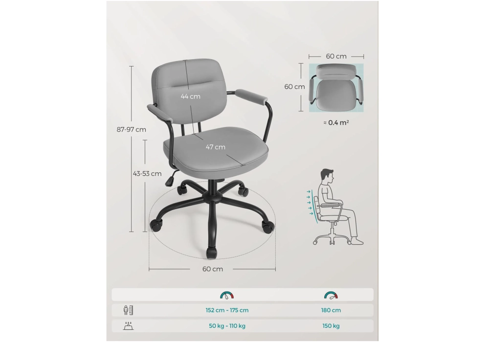 Songmics Chaise de bureau avec dossier rembourré et accoudoirs, Gris