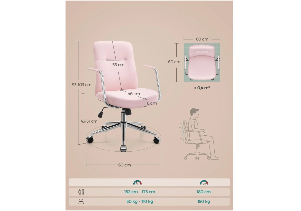 Songmics Chaise de bureau avec dossier rembourré et accoudoirs, Rose