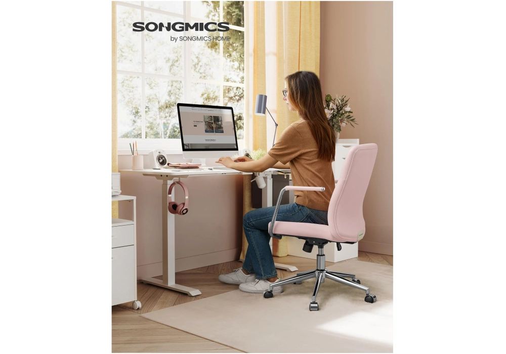 Songmics Chaise de bureau avec dossier rembourré et accoudoirs, Rose