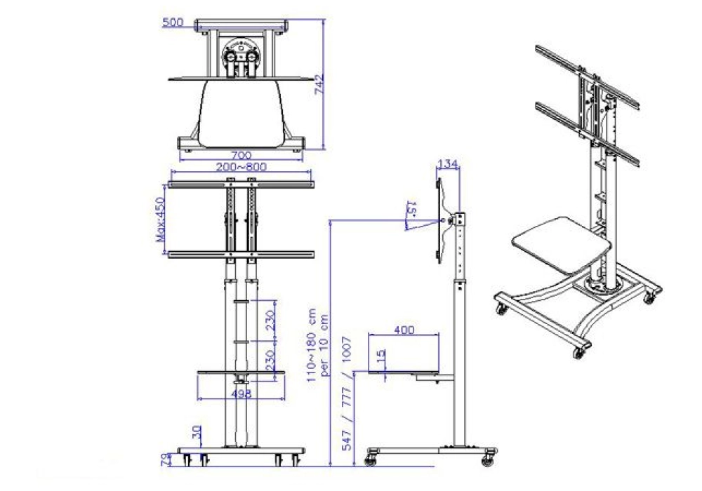 VALUE Support LCD/TV sur roues, argent, jusqu'à 50kg (27" - 60")