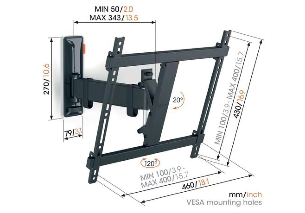 Vogel's Supports mural TVM 3425 Noir